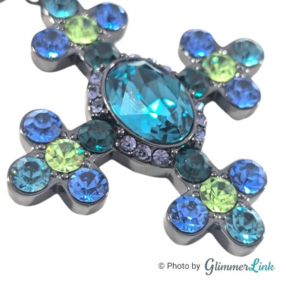 Akkad Blue & Green Sparkling Cross Black Faceted Glass Beads Necklace - Picture 6 of 12